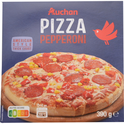 Auchan Kedvenc vastag tésztájú pepeproni húskészítményes pizza, gyorsfagyasztott 390 g