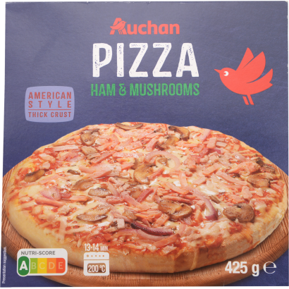Auchan Kedvenc vastag tésztájú sonkás-gombás pizza, gyorsfagyasztott 425 g