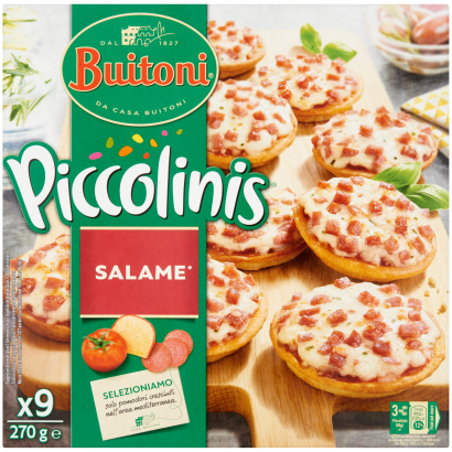 Buitoni Piccolinis gyorsfagyasztott mini pizza sajttal, paradicsommal és szalámival 9 x 30 g (270 g)