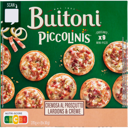 Buitoni Piccolinis gyorsfagyasztott mini pizza tejföllel, sonkával, szalonnával 9 x 30 g (270 g)