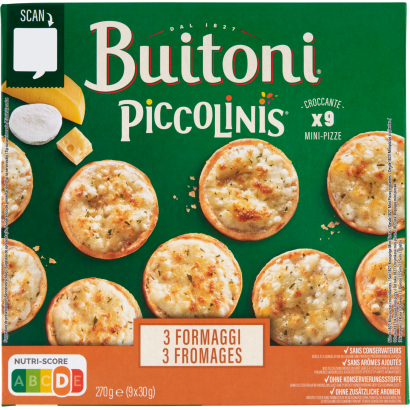 Buitoni Piccolinis gyorsfagyasztott pizza három féle sajttal 9 x 30 g (270 g)