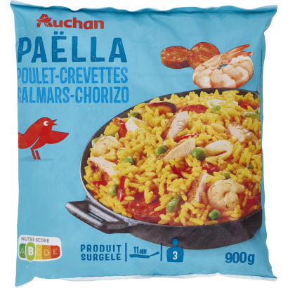 Auchan Kedvenc paella, csirkével, garnélarákkal, tintahallal, chorizoval 900 g