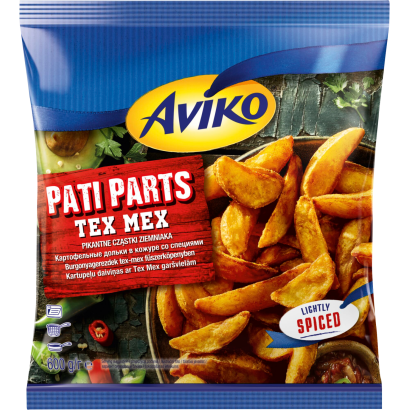 Aviko Pati Parts Tex Mex elősütött, gyorsfagyasztott burgonyagerezdek tex-mex fűszerköpenyben 600 g