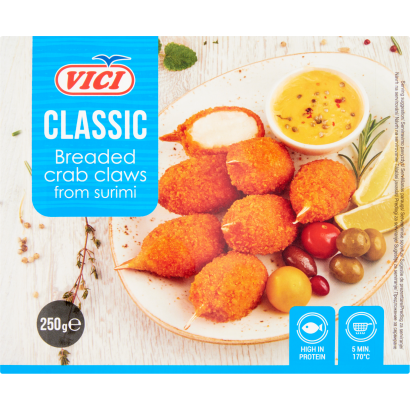 Vici gyorsfagyasztott panírozott rákolló formájú surimi rákolló darabokkal 250 g