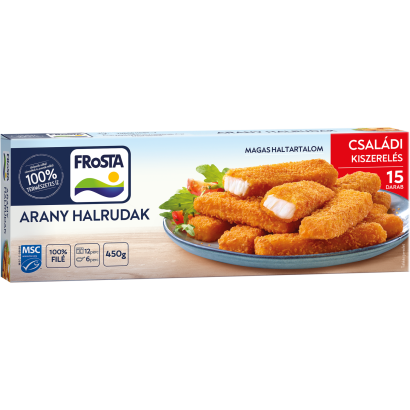 FRoSTA gyorsfagyasztott elősütött halrudak halfiléből aranyló ropogós panírban 15 db 450 g