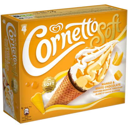 Cornetto Soft fehér csokoládé ízű jégkrém és mangó ízű jégkrém ostyatölcsérben 4 x 140 ml (560 ml)