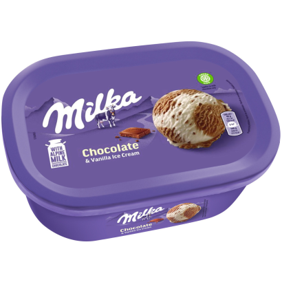 Milka tejcsokoládés jégkrém és vaníliaízű jégkrém tejcsokoládédarabokkal 900 ml