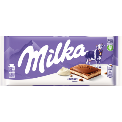 Milka alpesi tej felhasználásával készült tejcsokoládé joghurtos krémtöltelékkel 100 g