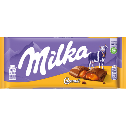 Milka alpesi tej felhasználásával készült tejcsokoládé karamellás töltelékkel 100 g