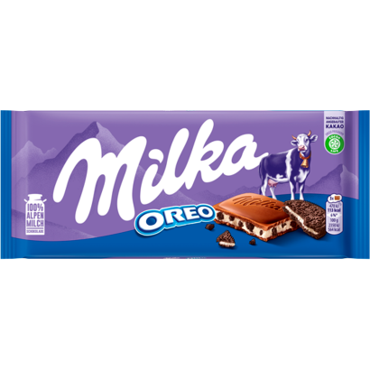 Milka Oreo alpesi tejcsokoládé kakaós kekszdarabokkal és vaníliaízű tejes krémtöltelékkel 100 g