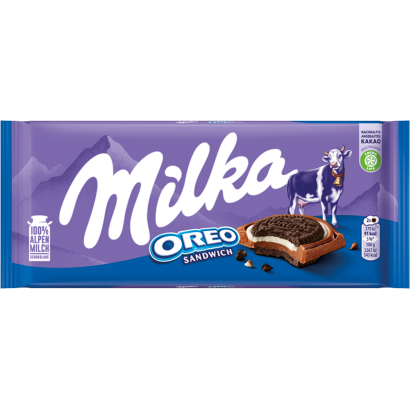 Milka Oreo Sandwich kakaós kekszek vaníliaízű, tejes krémtöltelékkel alpesi tejcsokoládén 92 g