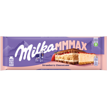 Milka alpesi tejcsokoládé sajttortaízű krémtöltelékkel, epres töltelékkel és keksszel 300 g