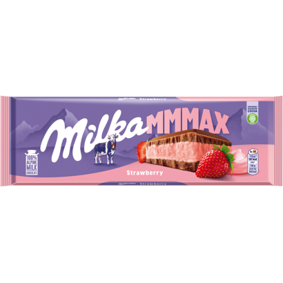 Milka Mmmax alpesi tej felhasználásával készült tejcsokoládé eperízű töltelékkel 300 g
