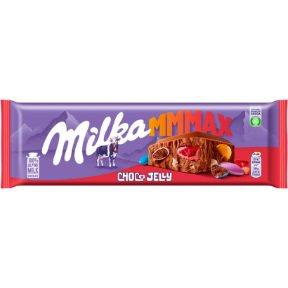 Milka Mmmax alpesi tejcsokoládé meggyes zselédarabkákkal, cukordrazséval és robbanócukorkával 250 g