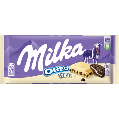 Milka Oreo White fehér csokoládé vaníliaízű, tejes krémtöltelékkel és kakaós kekszdarabokkal 100 g