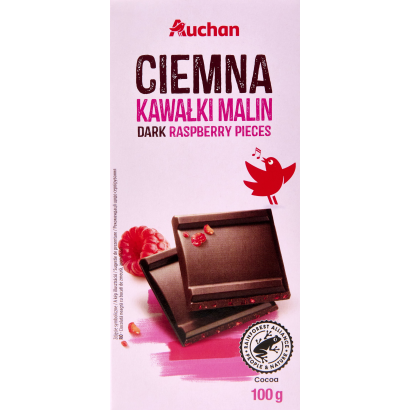 Auchan Kedvenc étcsokoládé liofilizált málnadarabokkal 100 g