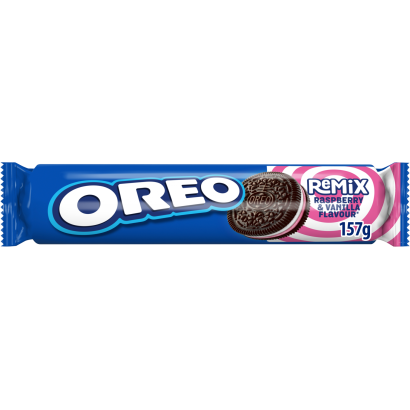 Oreo Remix vaníliaízű és málnaízű töltelékkel töltött kakaós keksz 157 g