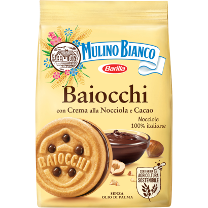 Mulino Bianco Baiocchi mogyorós és kakaós krémmel töltött édes keksz 260 g
