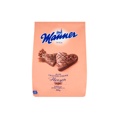 Manner tejcsokoládéba mártott, rumízű trüffelkrémmel töltött ropogós ostyaszívek 300 g