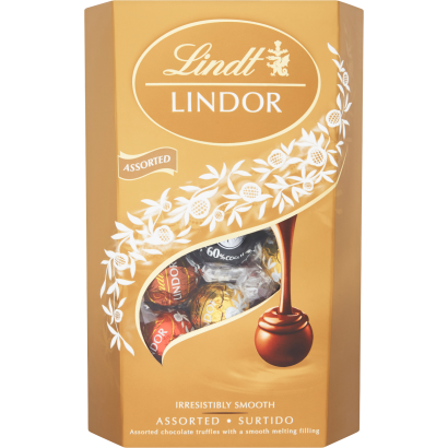 Lindt Lindor tejcsokoládé-tejcsokoládé mogyoródarabokkal-fehér- és keserű csokoládé praliné 337 g