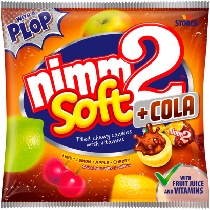 nimm2 Soft + Cola koffeinmentes gyümölcsös töltött cukorka vitaminokkal és kóla ízesítéssel 90 g