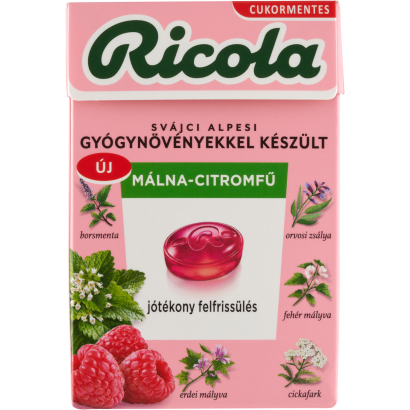 Ricola Málna-Citromfű svájci gyógynövény cukorkák cukormentes, édesítőszerekkel 40 g