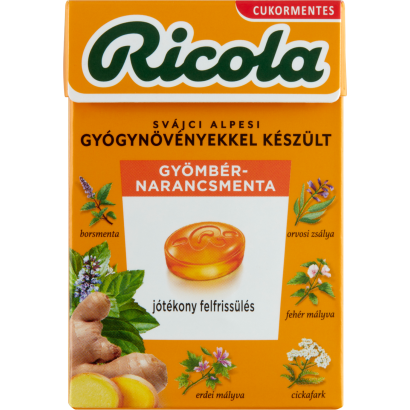 Ricola svájci alpesi gyógynövényekkel készült cukormentes gyömbér-narancsmenta cukorkák 40 g