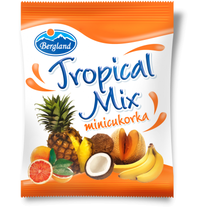 Bergland Tropical Mix ananász-kókusz-grapefruit-banán-sárgadinnye ízű töltetlen minicukorka 70 g