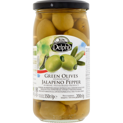Delphi zöld olívabogyó jalapeno paprikával töltve sós lében 350 g