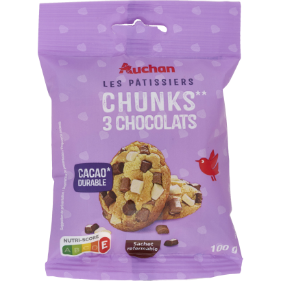 Auchan Kedvenc Chunks csokoládédarabkák 3 féle csokoládéból 100 g