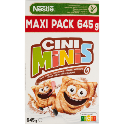 Nestlé Cini Minis ropogós fahéjas gabonapehely teljes kiőrlésű búzával, vitaminokkal és vassal 645 g