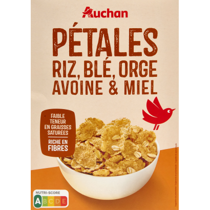Auchan Kedvenc rizs-, teljes kiőrlésű búza- és árpapehely, mézzel bevont zabpehellyel 500 g