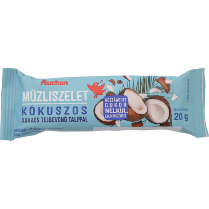 Auchan Kedvenc Kókuszos müzliszelet kakaós tejbevonó talppal, HCN, édesítőszerrel RSPO/MB 20 g