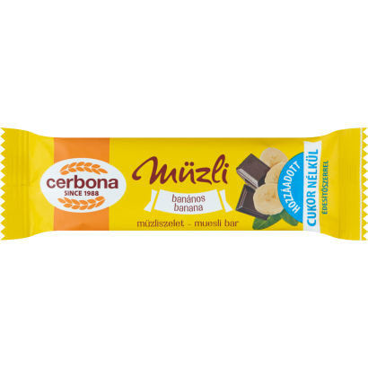 Cerbona banános müzliszelet kakaós tejbevonó talppal, cukor hozzáadása nélkül, édesítőszerekkel 20 g