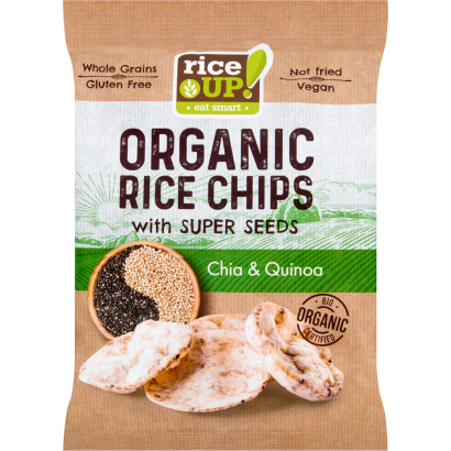 RiceUp! Eat Smart Bio teljes kiőrlésű barna rizs chips chia maggal és quinoával 25 g