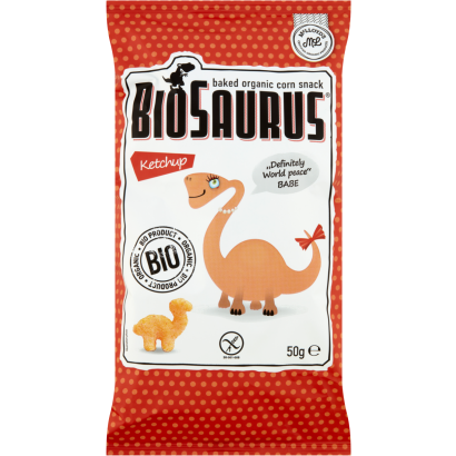 BioSaurus Bio ketchupos ízesítésű extrudált kukoricás snack 50 g