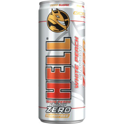 HELL Zero fehér őszibarackízű, koffeintartalmú, szénsavas, alkoholmentes ital 250 ml