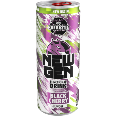 New Gen fekete cseresznye- és tuttifruttiízű, koffeintartalmú, szénsavas, alkoholmentes ital 250 ml