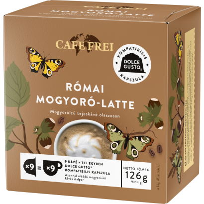 Cafe Frei Római Mogyoró Latte mogyoróízű egyadagos tejeskávé kapszula 9 x 14 g (126 g)