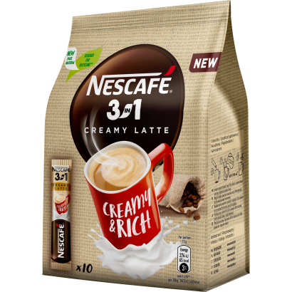 Nescafé 3in1 Creamy Latte azonnal oldódó kávés italpor tejporral és cukorral 10 x 15 g (150 g)