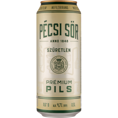 Pécsi Sör Prémium Pils szűretlen minőségi világos sör 4,7% 0,5 l