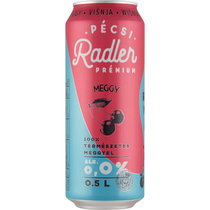 Pécsi Radler Prémium Meggy alkoholmentes világos sör és meggy ízű szénsavas üdítőital 0,0% 0,5 l