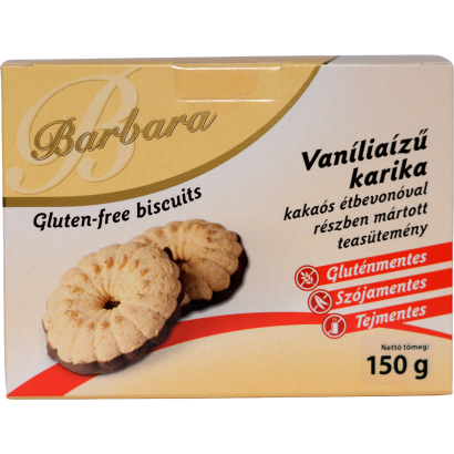 Barbara gluténmentes vaníliaízű karika kakaós étbevonóval részben mártott teasütemény 150 g
