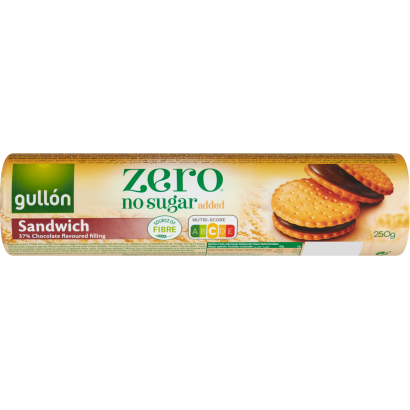 Gullón Zero csokoládé ízű krémmel töltött keksz, édesítőszerrel, hozzáadott cukor nélkül 250 g