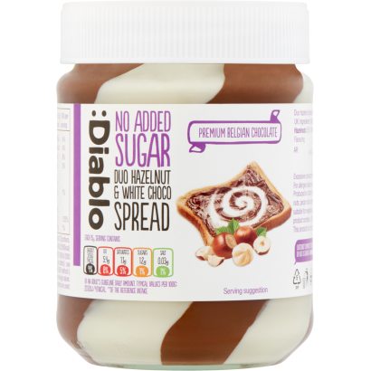 Diablo mogyoró és fehércsokoládé krém hozzáadott cukor nélkül, édesítőszerrel 350 g