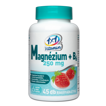 1x1 Vitaday Magnézium 250 mg + B6-vitamin eperízű étrend-kiegészítő rágótabletta 45 db 12,5 g