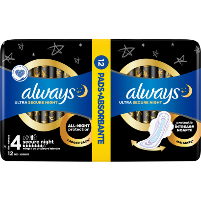Always Ultra Secure Night Egészségügyi Betét (4-es Méret) Szárnyas Betét x 12]