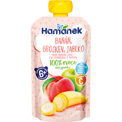 Hamánek alma, őszibarackkal és banánnal gyümölcspüré 6 hónapos kortól 100 g