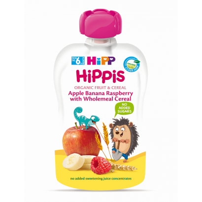 HiPP HiPPiS BIO alma-banán-málna gyümölcspép teljes kiőrlésű gabonával 6 hónapos kortól 100 g