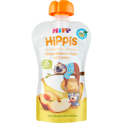 HiPP HiPPiS BIO alma-banán-őszibarack keksszel gyümölcskészítmény 1 éves kortól 100 g